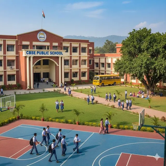 Students on the campus of a school and college building