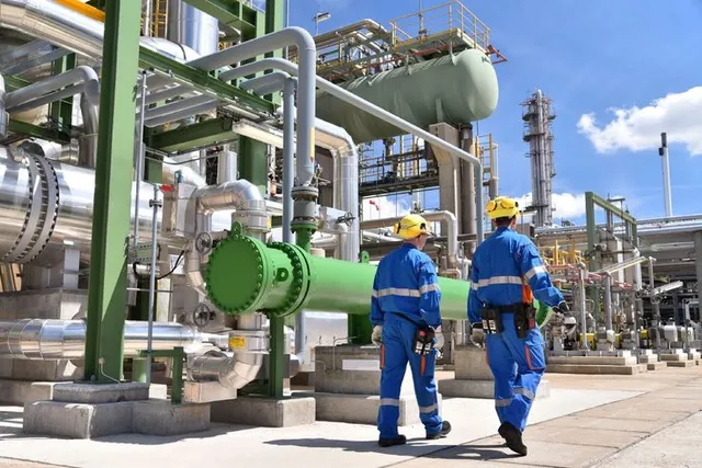 An industrial plant with storage tanks and pipework